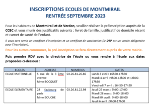 Modalités d’inscriptions écoles de Montmirail – rentrée de septembre 2023