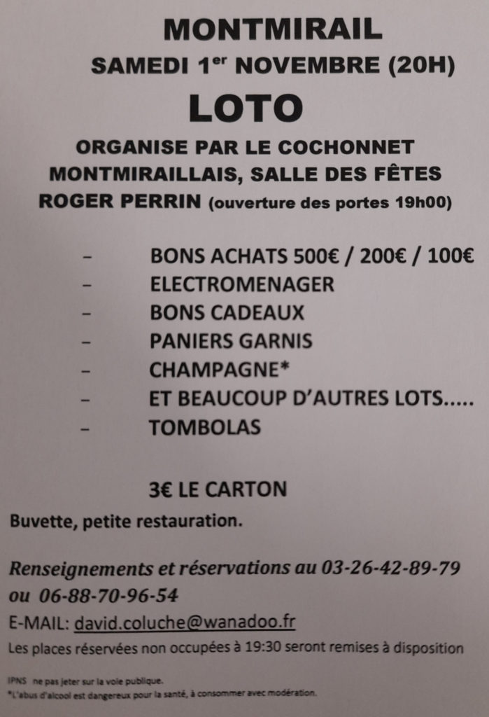 Le Cochonnet Montmiraillais – Loto le samedi 1er novembre à 20h Salle roger perrin