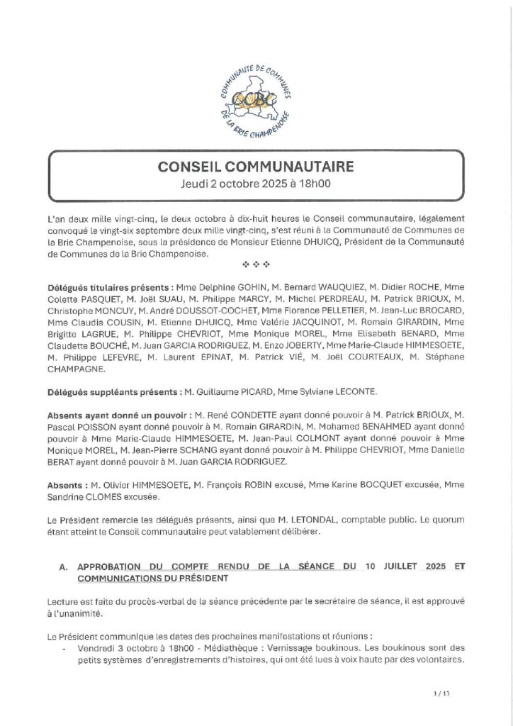 Procès-verbal du Conseil communautaire du 3 décembre 2025