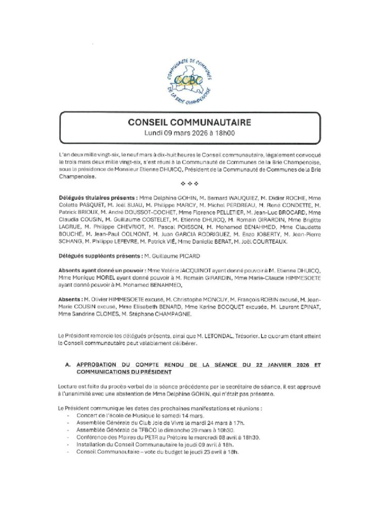 Procès-verbal du Conseil communautaire du 9 mars 2026