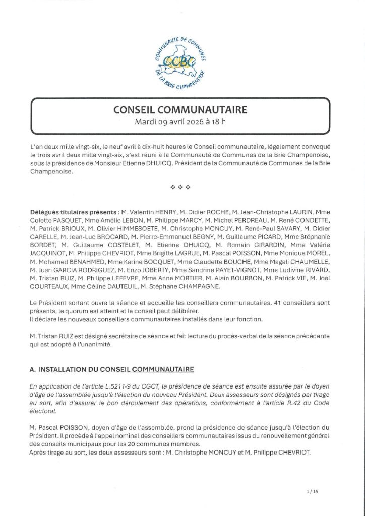 Procès-verbal du Conseil communautaire du 9 avril 2026