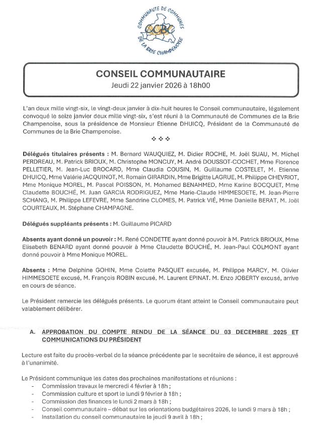 Procès-verbal du Conseil communautaire du 22 janvier 2026