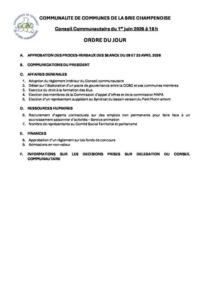 Ordre du jour – Conseil communautaire du 01 juin à 18h