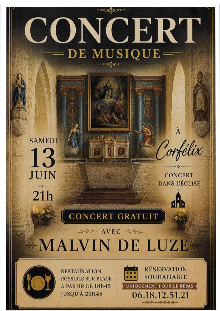 Concert à l&rsquo;église de Corfelix le 13 juin à 21h