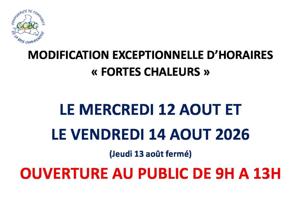 Modification exceptionnelle d&rsquo;horaires accueil CCBC