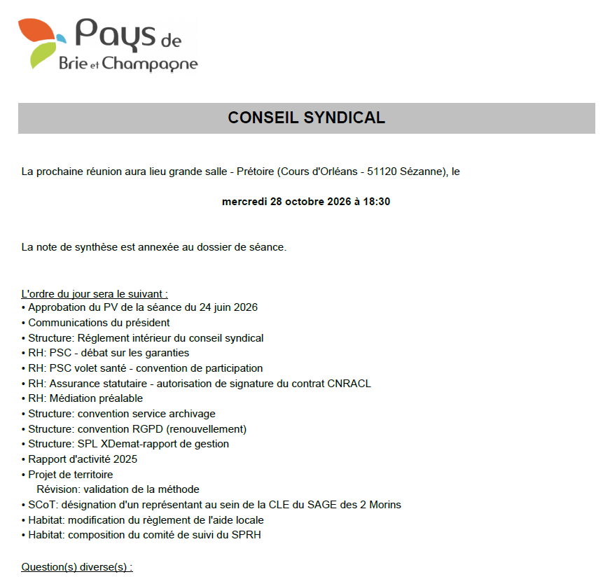 Conseil syndical du Pays de brie et Champagne du 28 octobre à 18h30