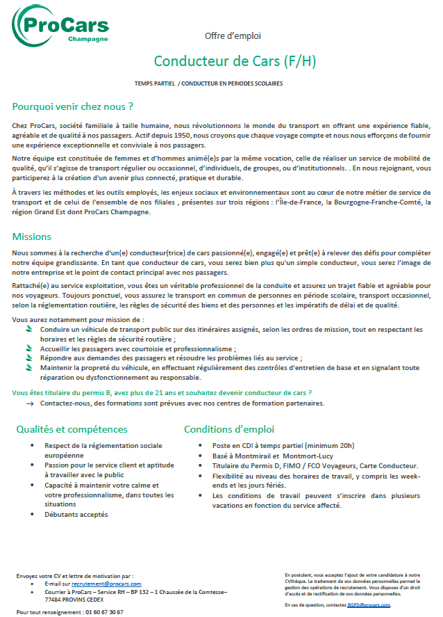 Offre d’emploi conducteur de car Procars